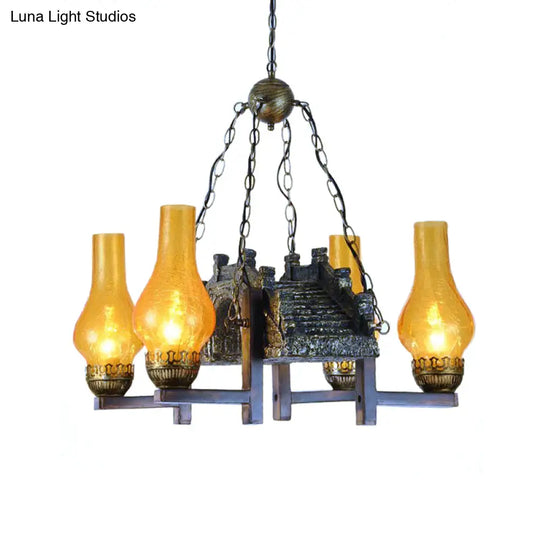 Yellow Crackle Glass Bronze Pendant Lamp With 4-Light Industrial Chandelier Design