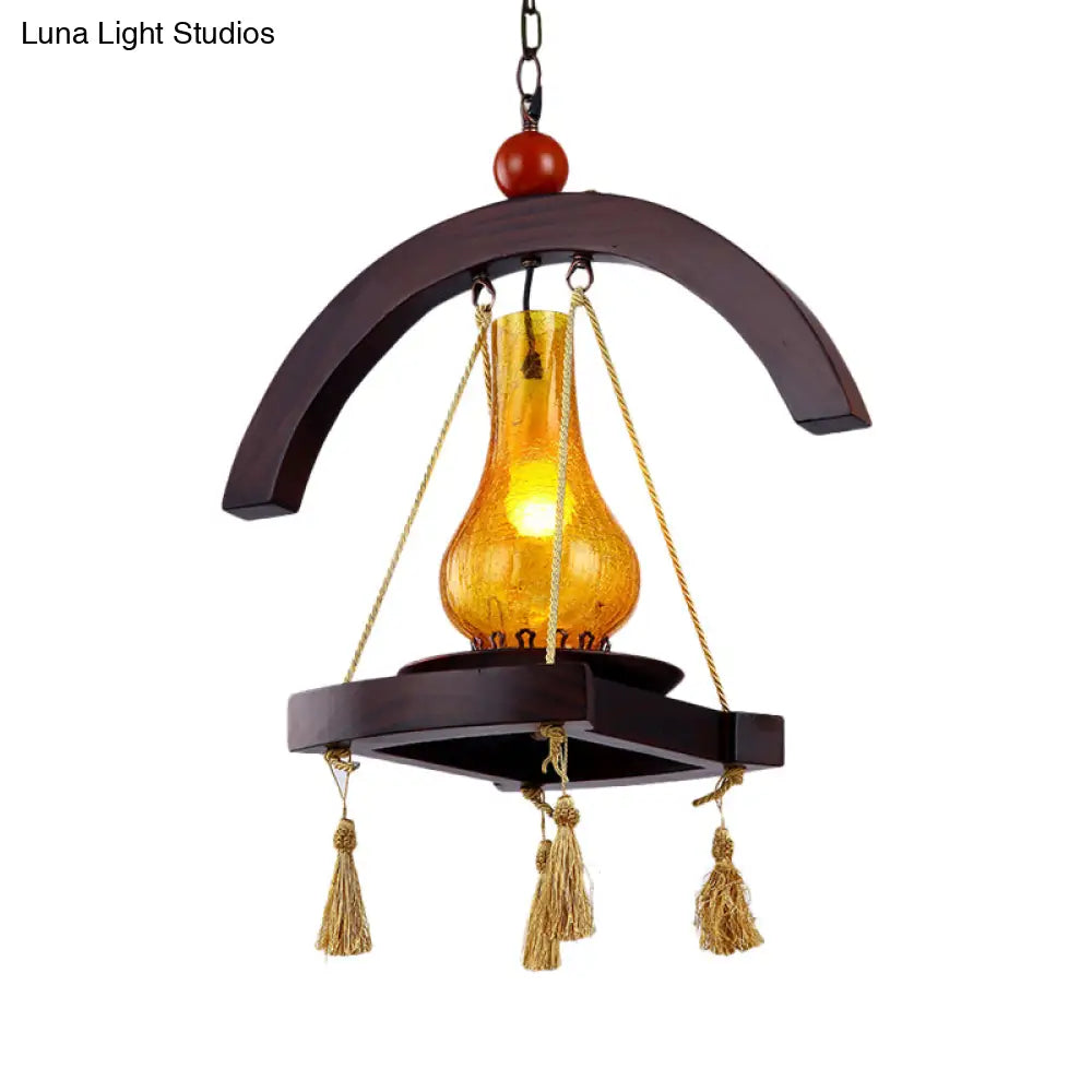 Yellow Crackle Glass Hanging Lamp With Wood Tray Design - Factory Kerosene Pendant