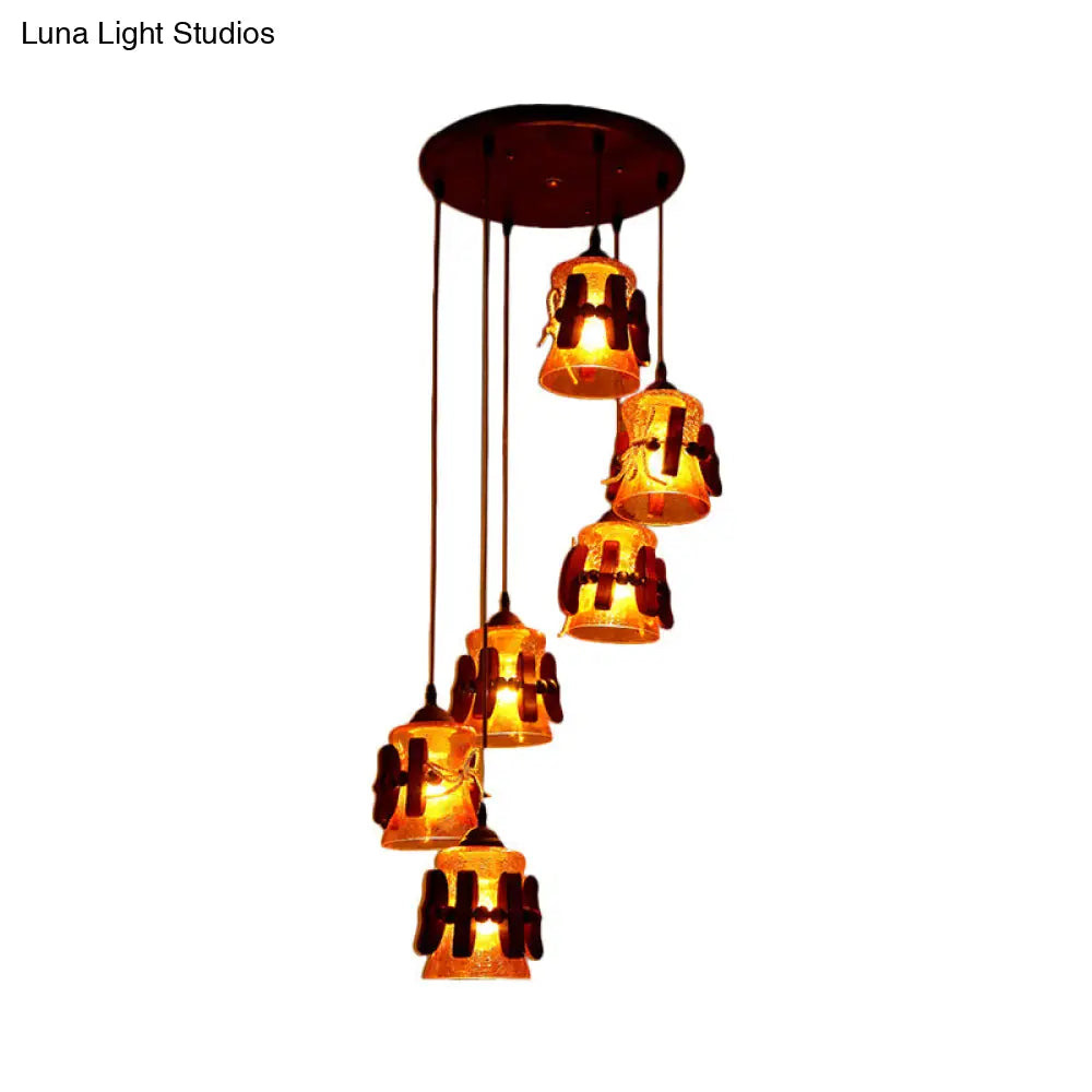 Yellow Crackle Glass Pendant With 6 Classic Lights - Ideal For Restaurant Ceilings In Brown Wood