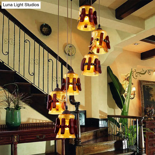 Yellow Crackle Glass Pendant With 6 Classic Lights - Ideal For Restaurant Ceilings In Brown Wood