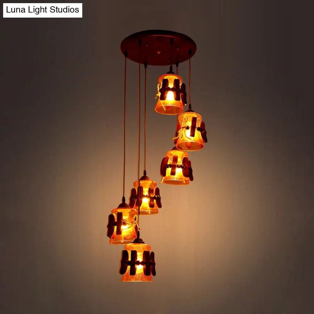 Yellow Crackle Glass Pendant With 6 Classic Lights - Ideal For Restaurant Ceilings In Brown Wood