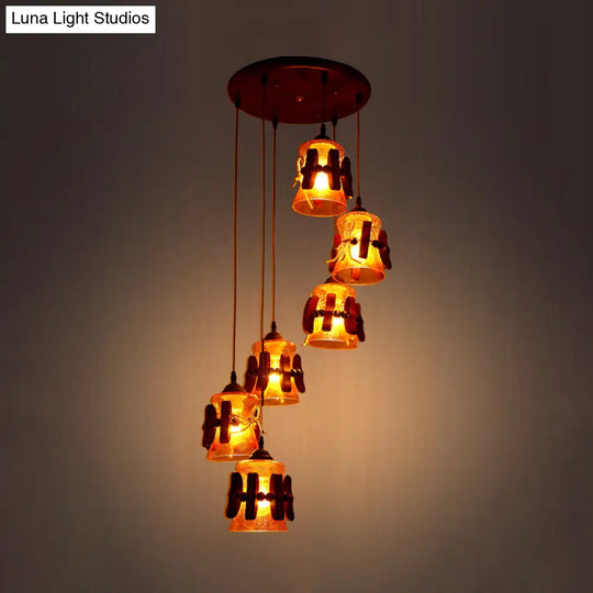 Yellow Crackle Glass Pendant With 6 Classic Lights - Ideal For Restaurant Ceilings In Brown Wood