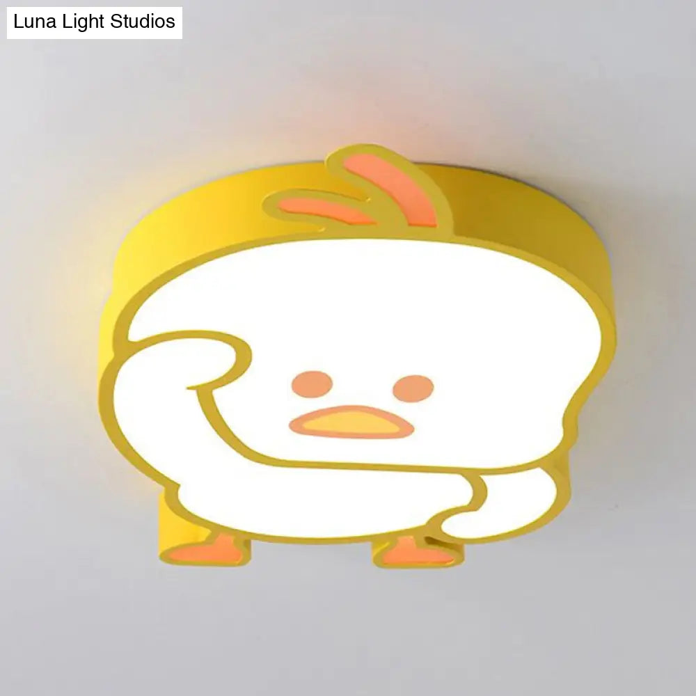 Yellow Duck Led Flush Mount Ceiling Light For Nursery - Cartoon Metallic Design