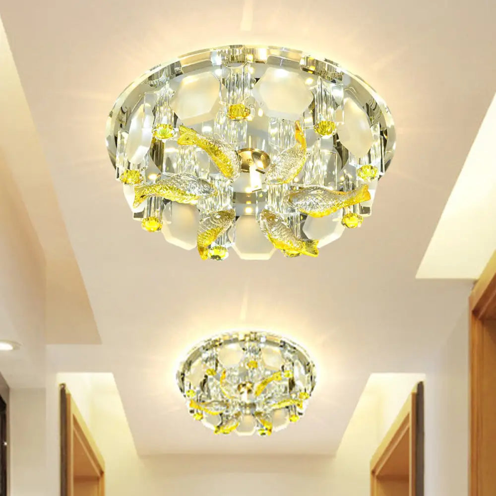 Yellow Fish Small Led Crystal Flushmount Lamp - Modern Corridor Ceiling Light 7’/9.5’ Wide / 7’