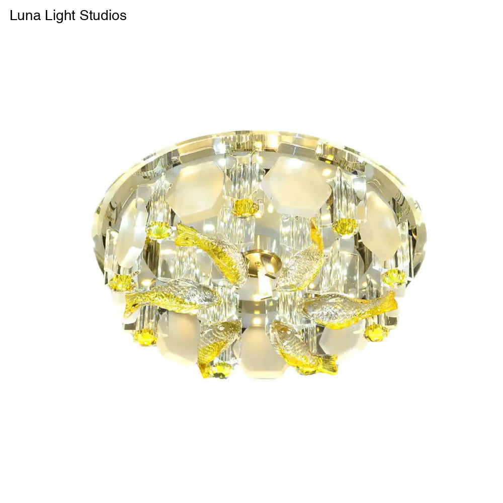 Yellow Fish Small Led Crystal Flushmount Lamp - Modern Corridor Ceiling Light 7’/9.5’ Wide