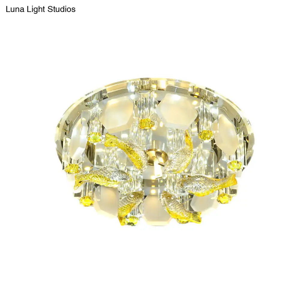 Yellow Fish Small Led Crystal Flushmount Lamp - Modern Corridor Ceiling Light 7/9.5 Wide