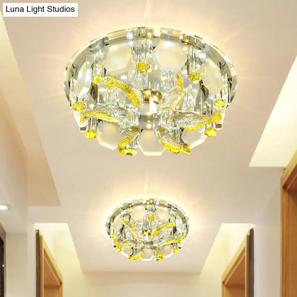 Yellow Fish Small Led Crystal Flushmount Lamp - Modern Corridor Ceiling Light 7/9.5 Wide / 7