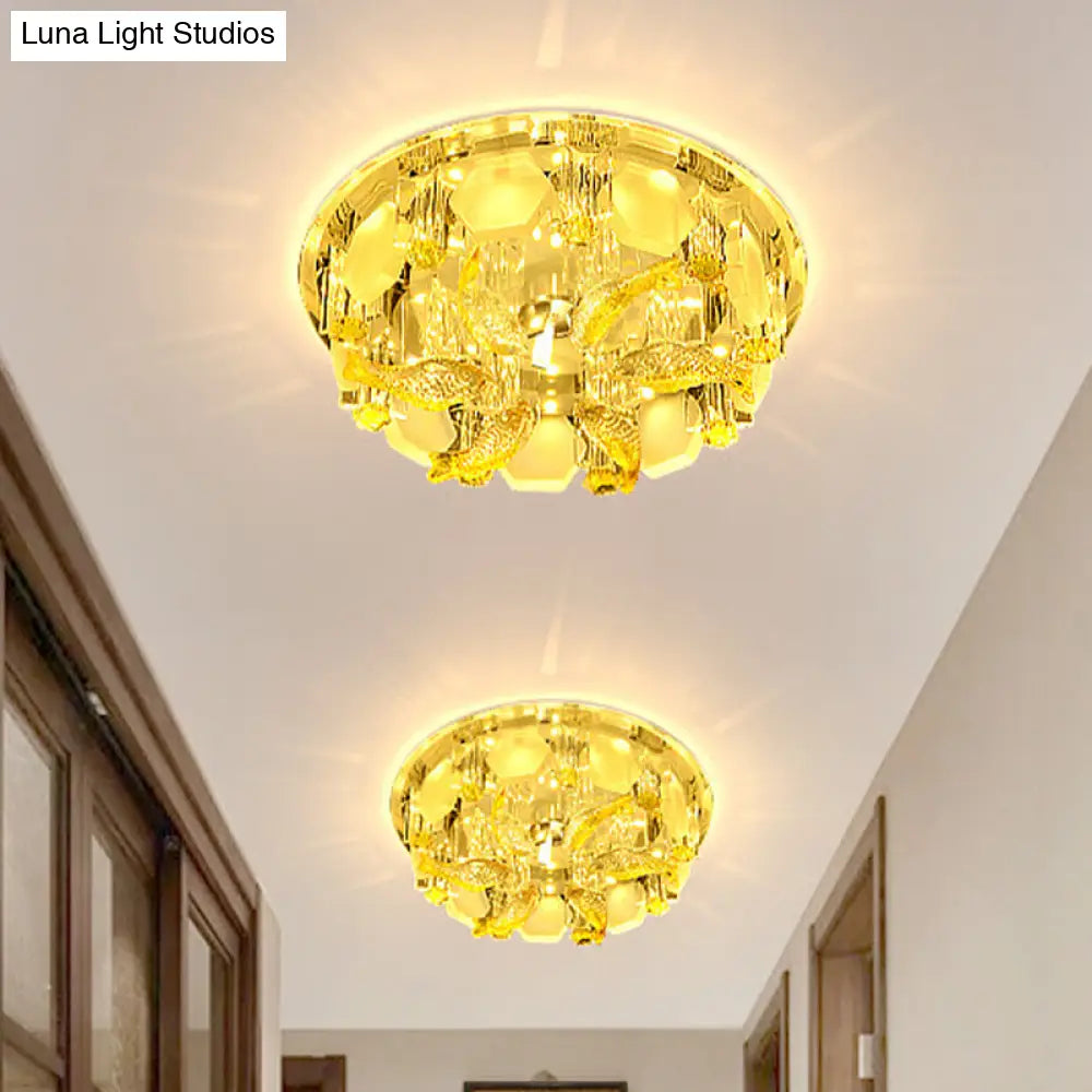 Yellow Fish Small Led Crystal Flushmount Lamp - Modern Corridor Ceiling Light 7/9.5 Wide