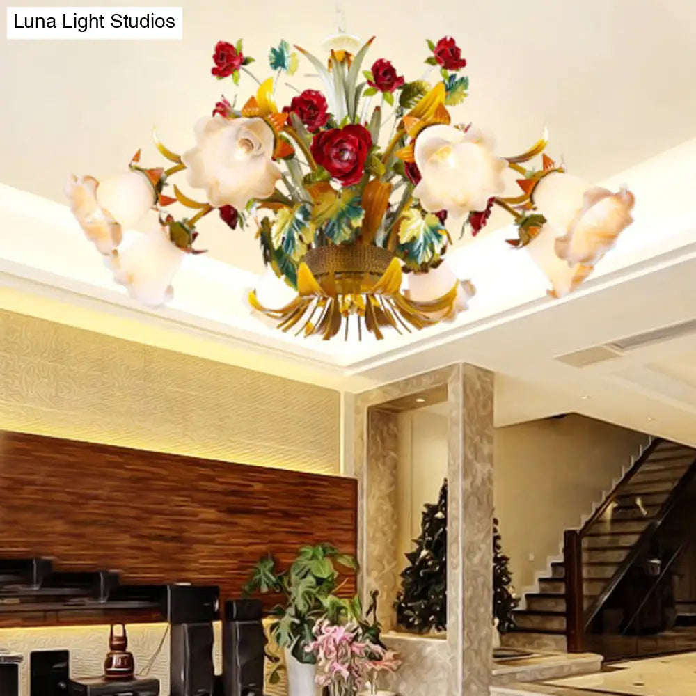 Yellow Flared Metal Ceiling Chandelier - Countryside Led Light Kit (5/8 Bulbs) For Living Room