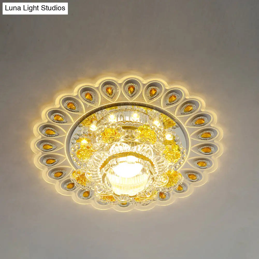 Yellow Floral Led Crystal Flush Mount For Entryway Ceiling / Warm