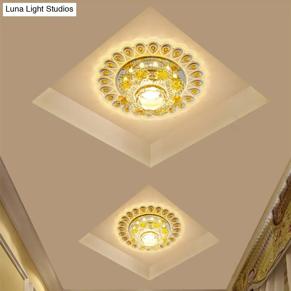 Yellow Floral Led Crystal Flush Mount For Entryway Ceiling