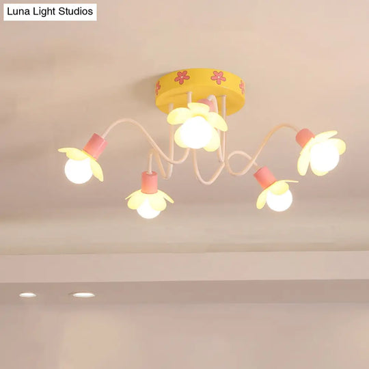 Yellow Flower Children Flush Mount Chandelier - Contemporary Semi Ceiling Light With 5 Metal Bulbs