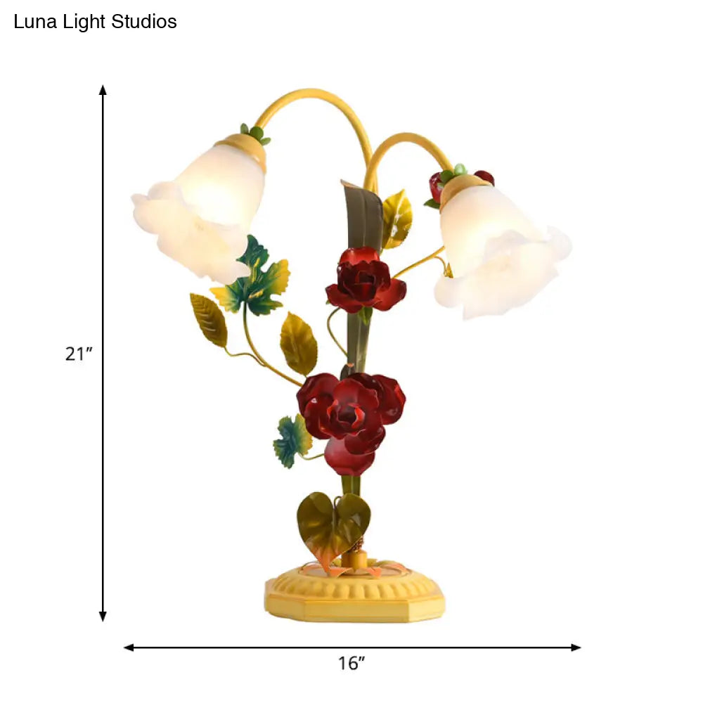 Yellow Frosted Glass Table Lamp With Antique Rose Night Light