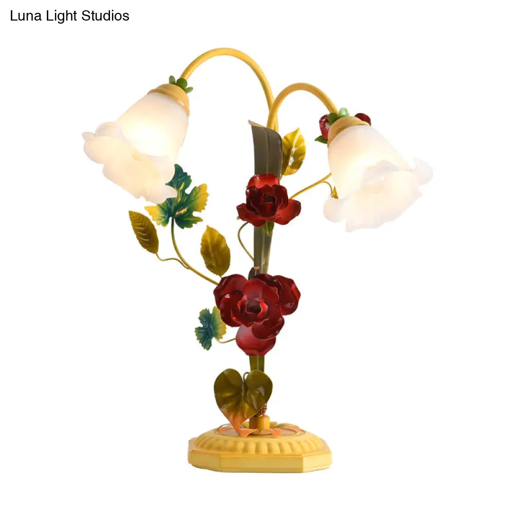 Yellow Frosted Glass Table Lamp With Antique Rose Night Light