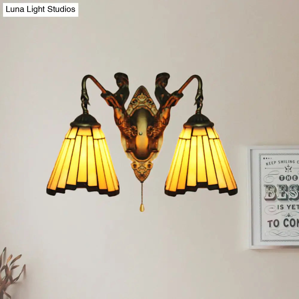 Yellow Glass Aged Brass Sconce Lighting - 2 Head Mission Wall Mounted Light