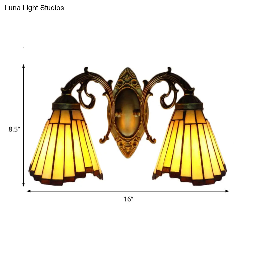 Yellow Glass Aged Brass Sconce Lighting - 2 Head Mission Wall Mounted Light