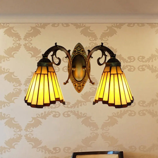 Yellow Glass Aged Brass Sconce Lighting - 2 Head Mission Wall Mounted Light / Arc