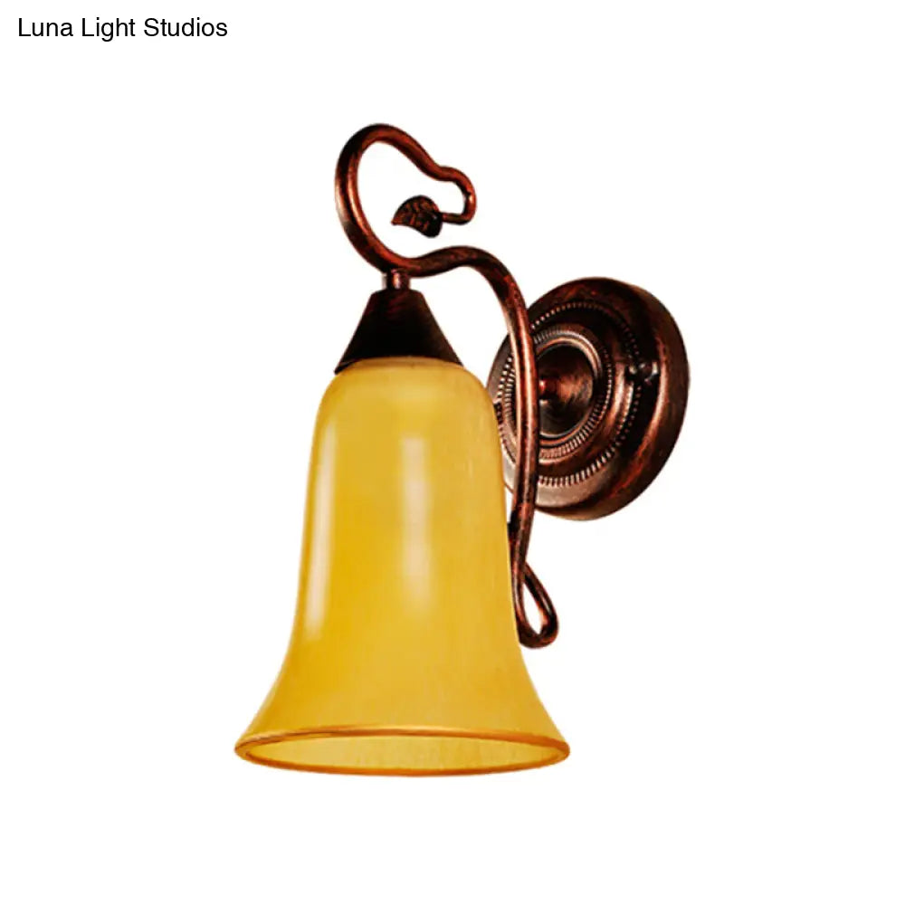 Yellow Glass And Metal Wall Light - 1 Traditional Style Lamp With Bell Shade Copper Finish