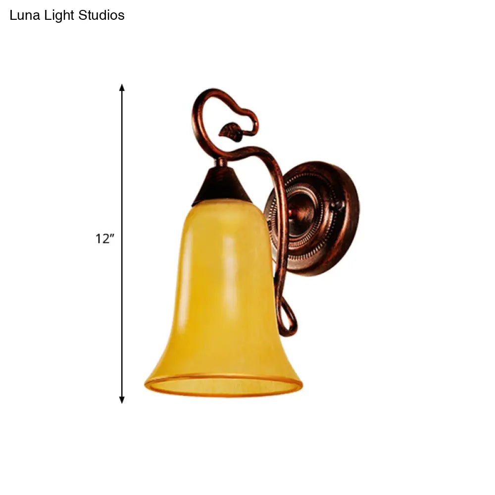 Yellow Glass And Metal Wall Light - 1 Traditional Style Lamp With Bell Shade Copper Finish