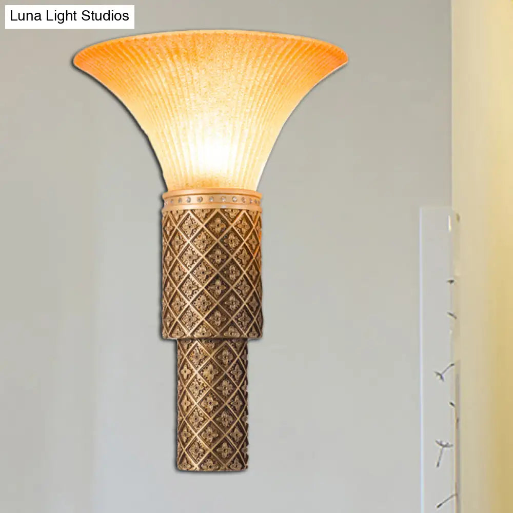 Yellow Glass And Resin Lodge Style Wall Lamp - 1 Light Sconce With Bell Shade For Living Room In