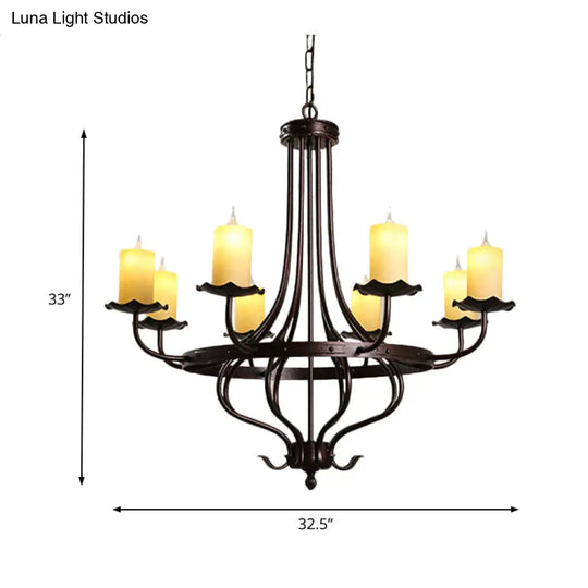 Yellow Glass Chandelier Lamp: Country Dining Room Pendant Lighting (8 Lights) In Bronze