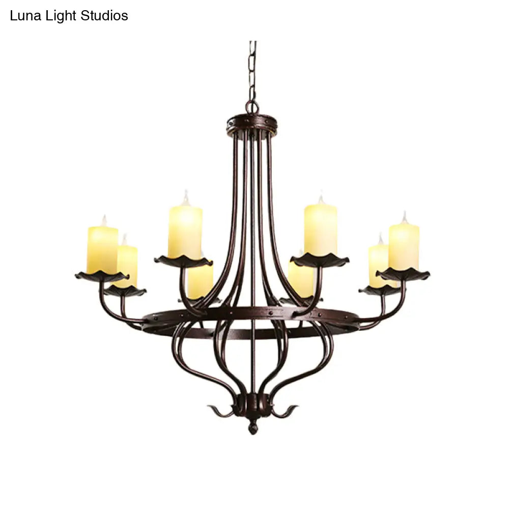 Yellow Glass Chandelier Lamp: Country Dining Room Pendant Lighting (8 Lights) In Bronze