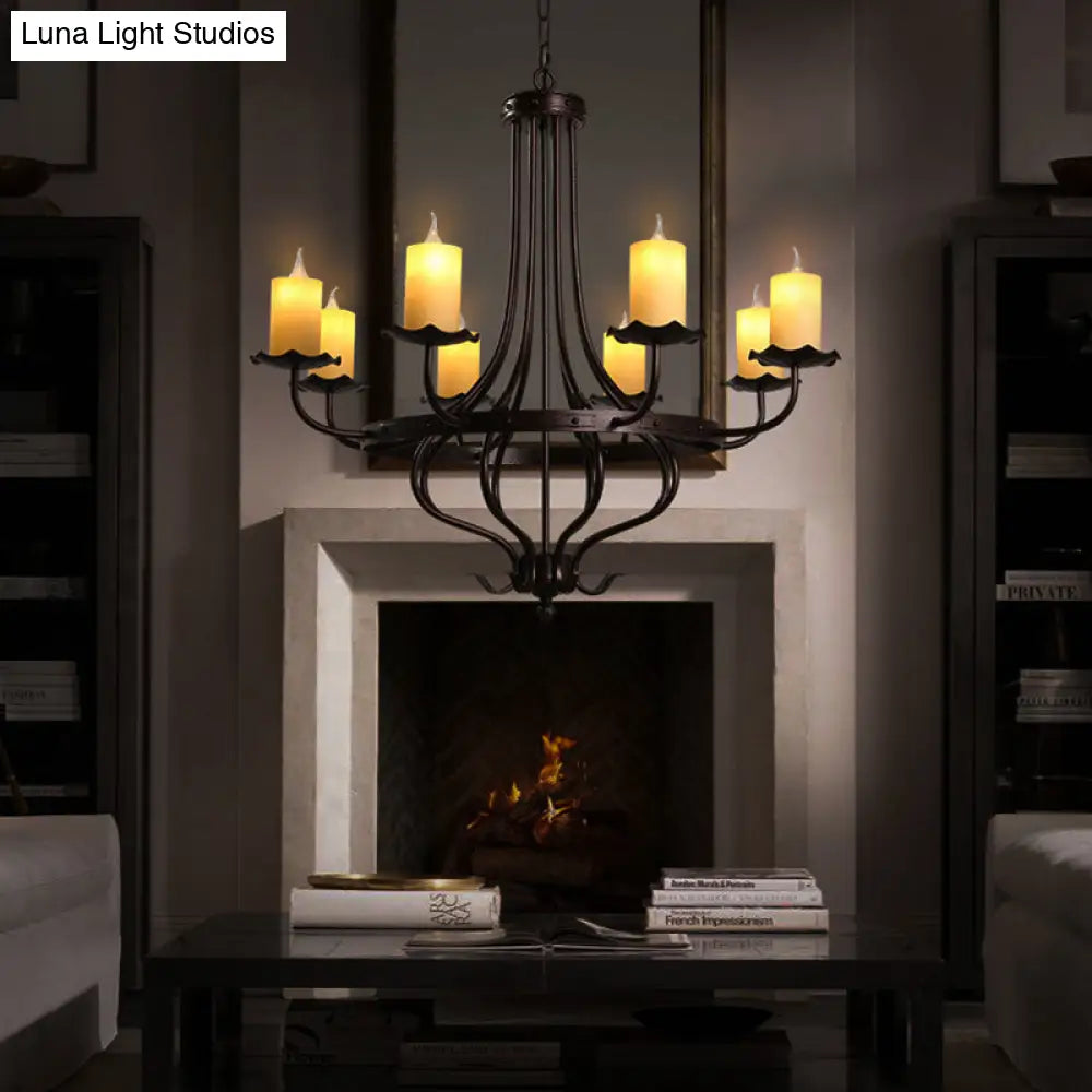 Yellow Glass Chandelier Lamp: Country Dining Room Pendant Lighting (8 Lights) In Bronze