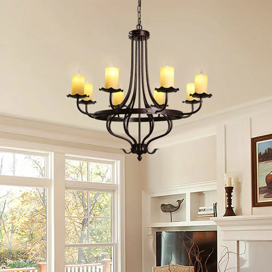 Yellow Glass Chandelier Lamp: Country Dining Room Pendant Lighting (8 Lights) In Bronze