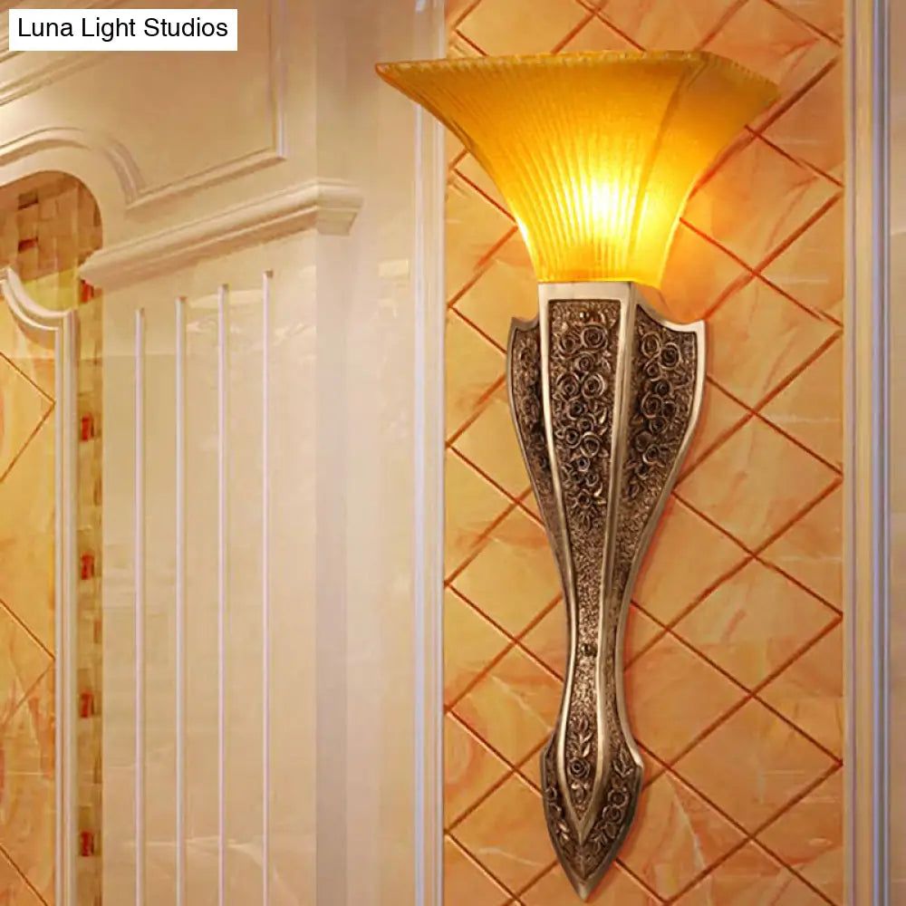 Yellow Glass Flared Wall Light - Modern Style Sconce Fixture In Gold 9/12 Wide