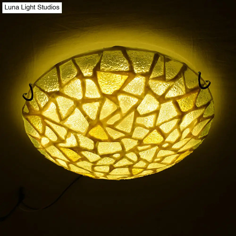 Yellow Glass Handcrafted Ceiling Lamp - Mediterranean Style Flush Mount For Bedroom