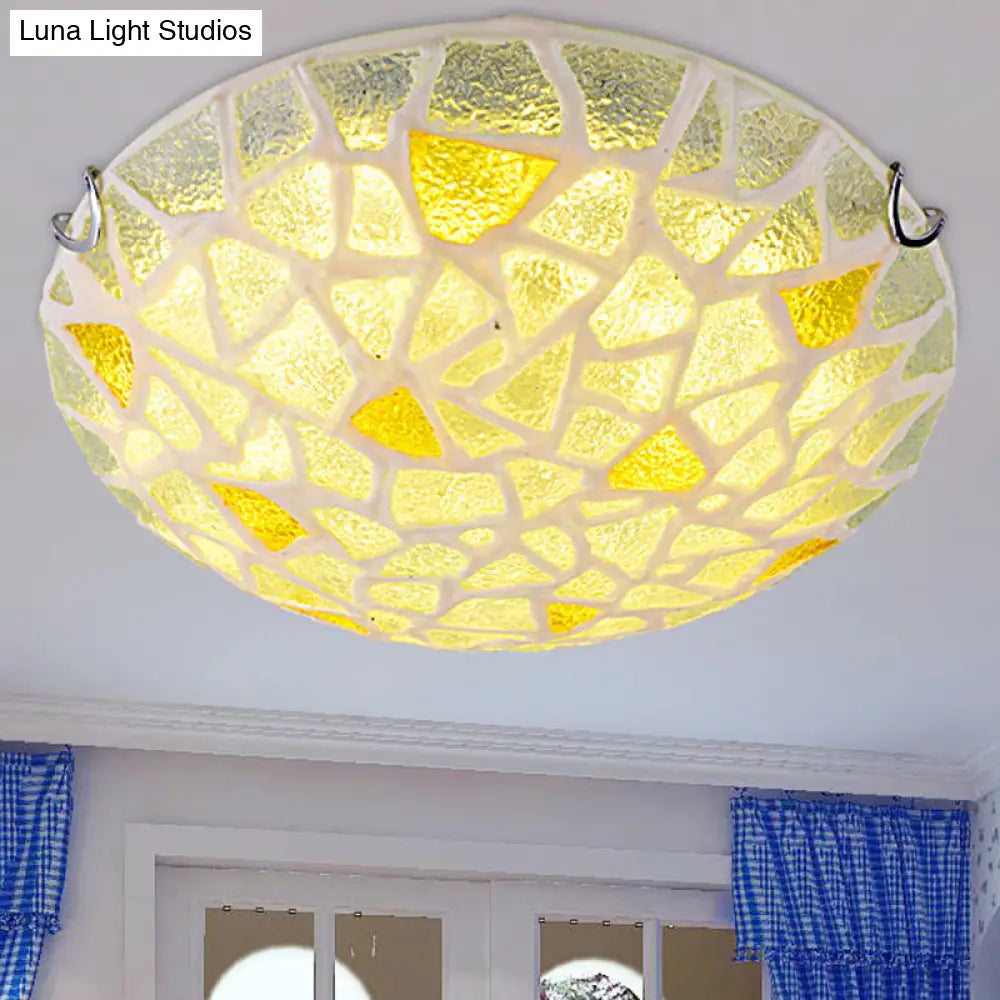 Yellow Glass Handcrafted Ceiling Lamp - Mediterranean Style Flush Mount For Bedroom