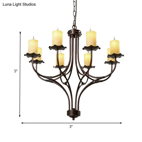 Yellow Glass Hanging Chandelier - Country Bronze Candle Design For Living Room 8 Lights Pendant