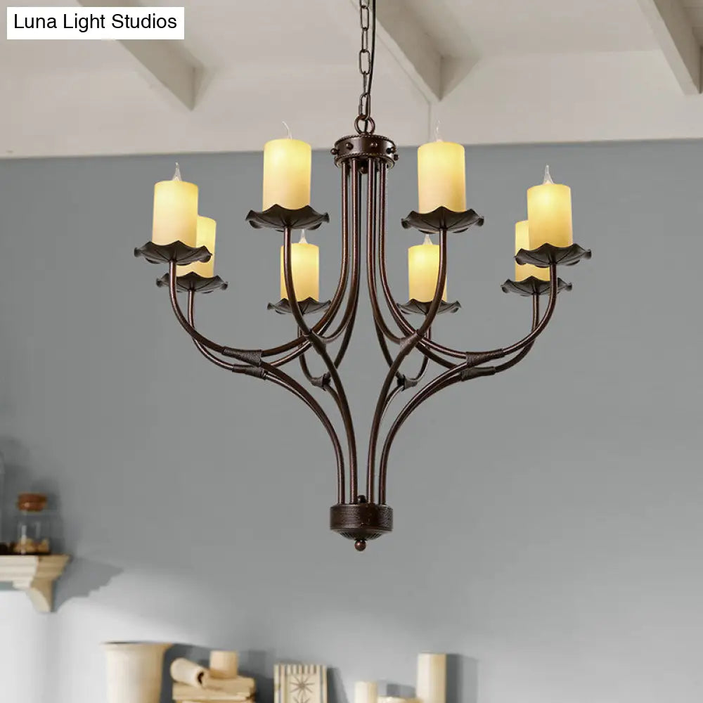 Yellow Glass Hanging Chandelier - Country Bronze Candle Design For Living Room 8 Lights Pendant