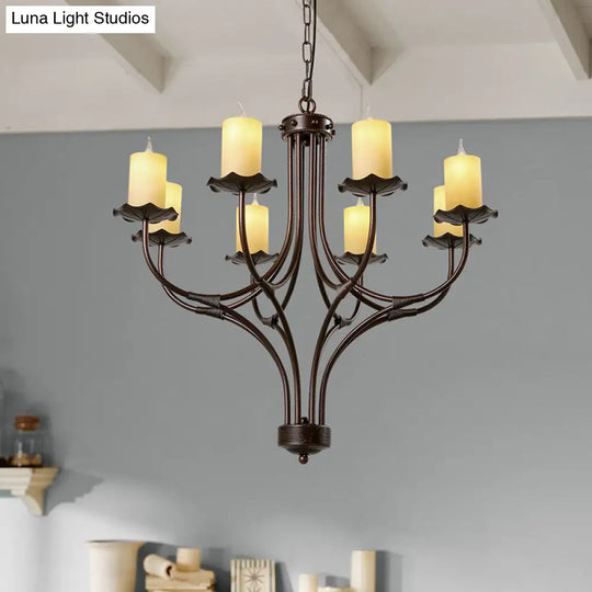 Yellow Glass Hanging Chandelier - Country Bronze Candle Design For Living Room 8 Lights Pendant