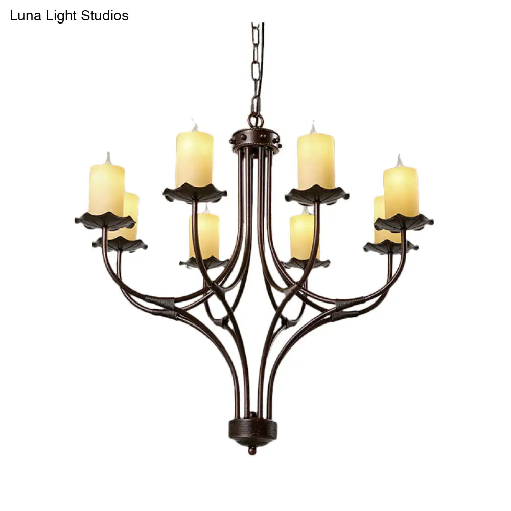 Yellow Glass Hanging Chandelier - Country Bronze Candle Design For Living Room 8 Lights Pendant