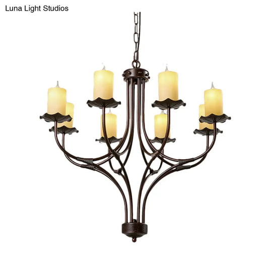 Yellow Glass Hanging Chandelier - Country Bronze Candle Design For Living Room 8 Lights Pendant