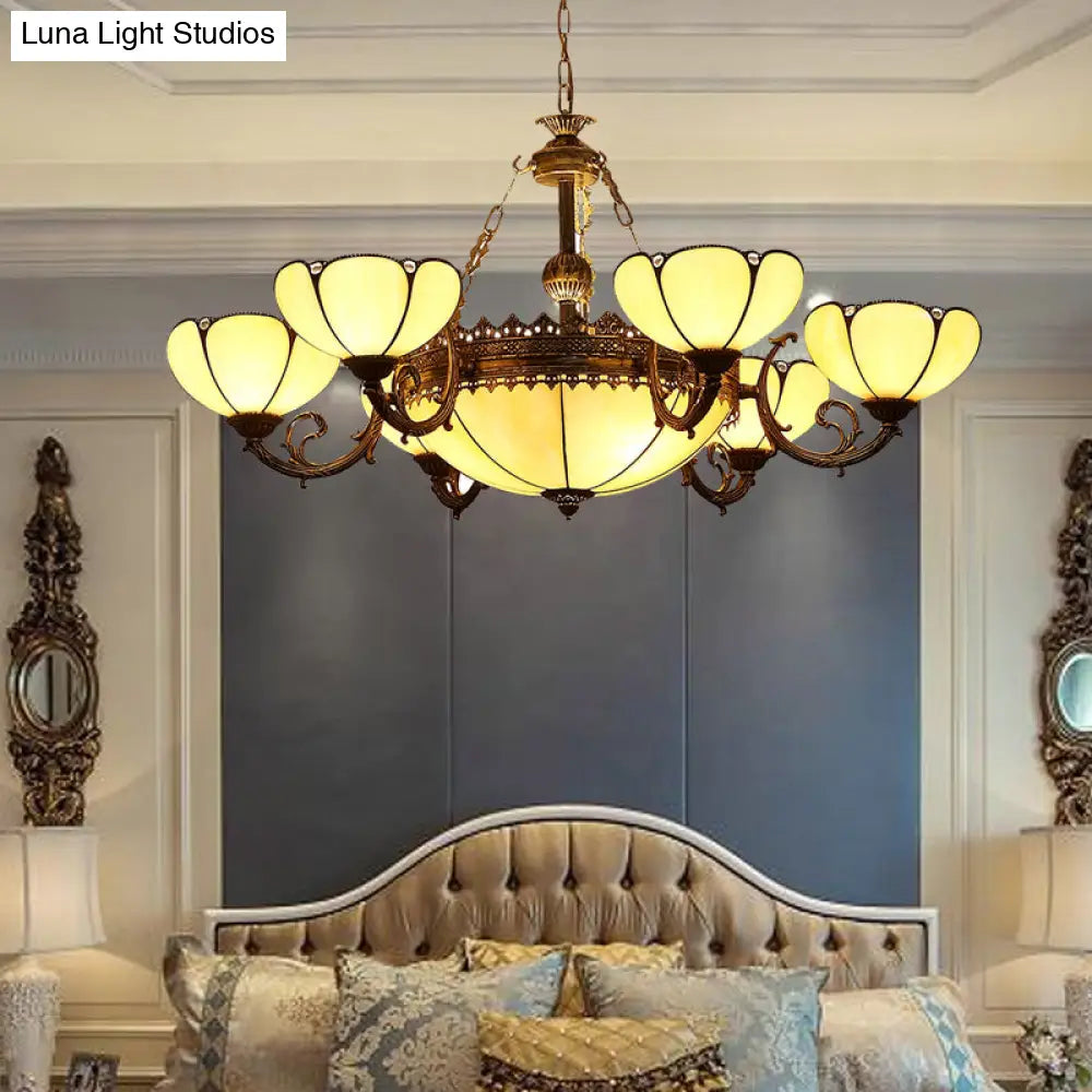 Yellow Glass Pendant Chandelier With Baroque Design - 8 Lights Black Drop Lamp For Bedroom