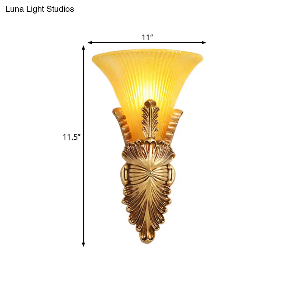 Yellow Glass & Resin Lodge Style Bedroom Wall Sconce With Bell Shade - Gold Finish