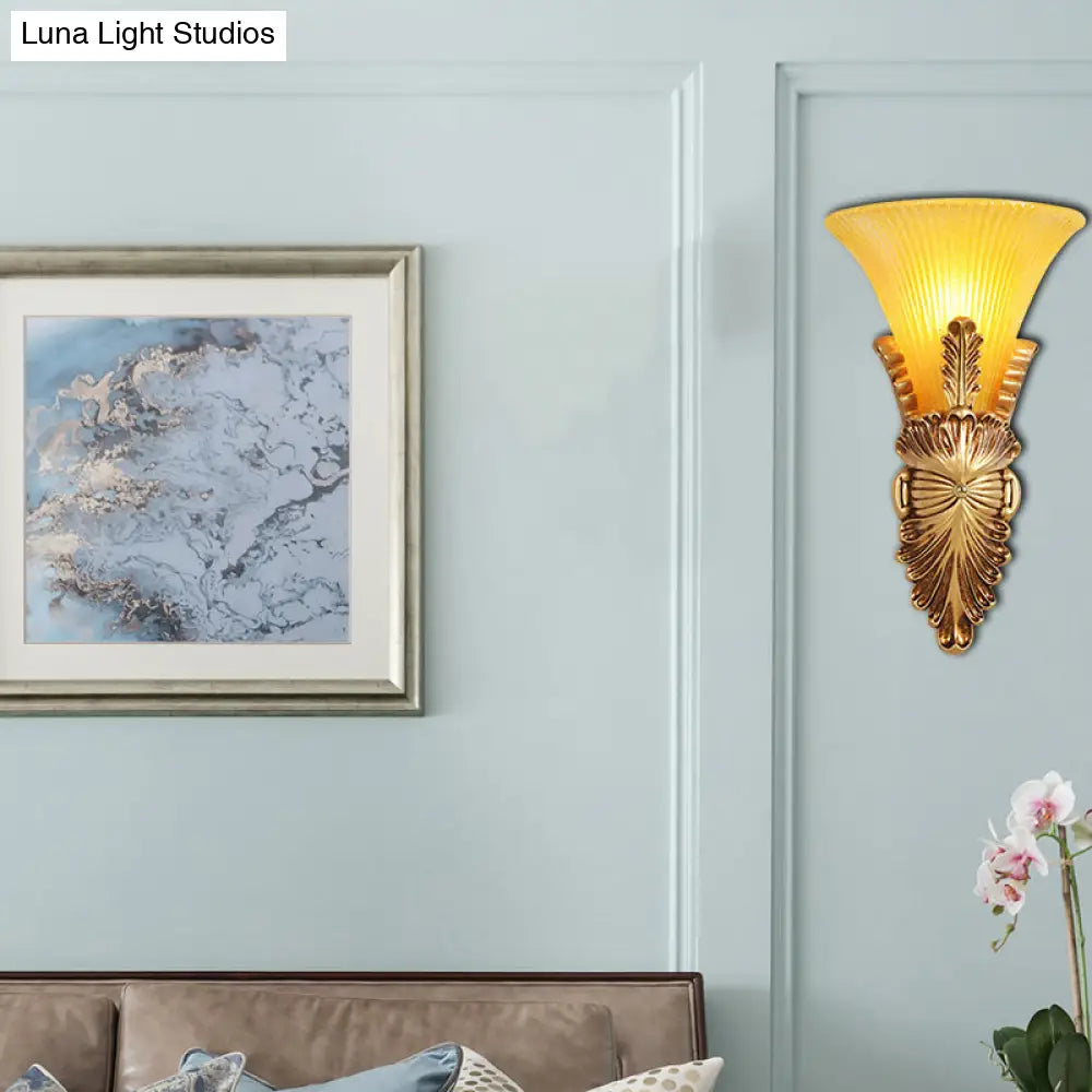 Yellow Glass & Resin Lodge Style Bedroom Wall Sconce With Bell Shade - Gold Finish