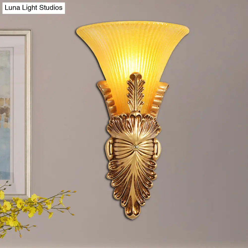 Yellow Glass & Resin Lodge Style Bedroom Wall Sconce With Bell Shade - Gold Finish