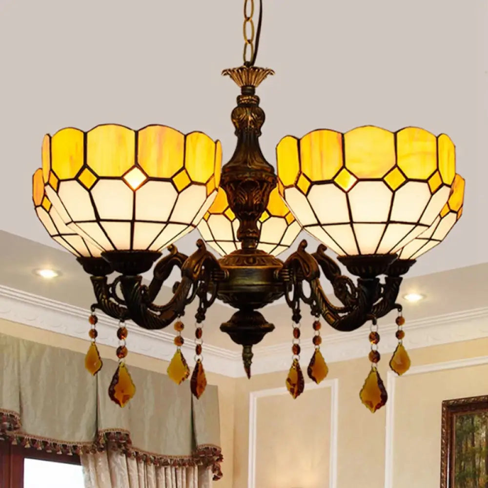 Yellow Glass Shade Chandelier: 5 Heads Rustic Design With Crystal Accents For Dining Room