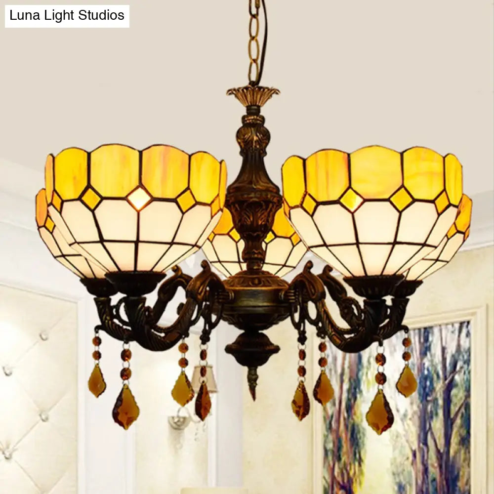 Yellow Glass Shade Chandelier: 5 Heads Rustic Design With Crystal Accents For Dining Room