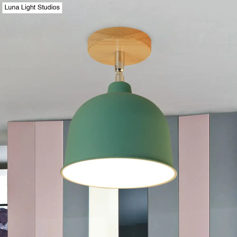 Yellow/Green Metallic Dome Shade Semi-Flush Ceiling Light For Bedroom