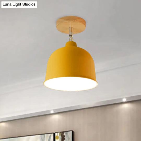 Yellow/Green Metallic Dome Shade Semi-Flush Ceiling Light For Bedroom