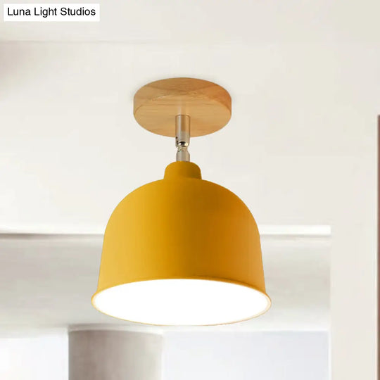 Yellow/Green Metallic Dome Shade Semi-Flush Ceiling Light For Bedroom