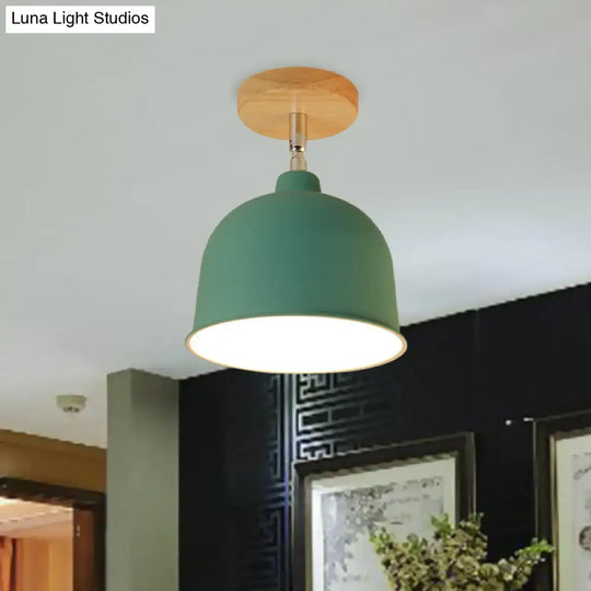 Yellow/Green Metallic Dome Shade Semi-Flush Ceiling Light For Bedroom