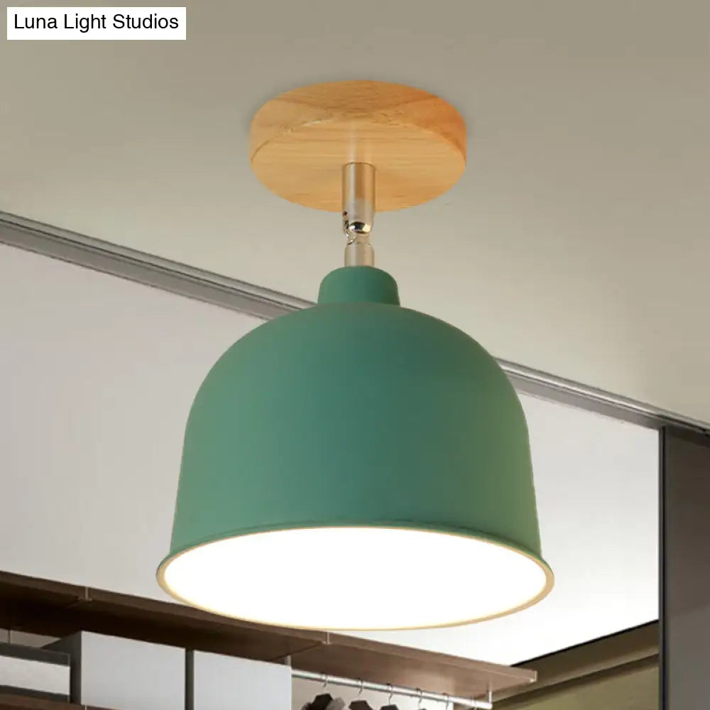 Yellow/Green Metallic Dome Shade Semi-Flush Ceiling Light For Bedroom Green