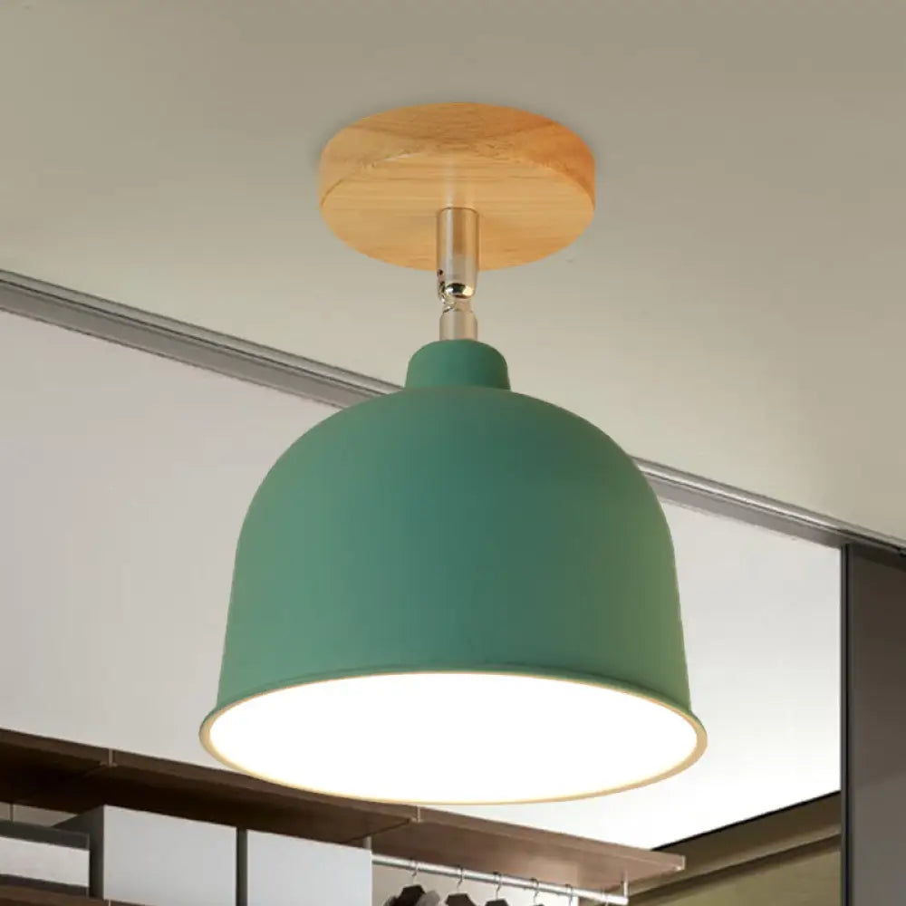 Yellow/Green Metallic Dome Shade Semi-Flush Ceiling Light For Bedroom Green