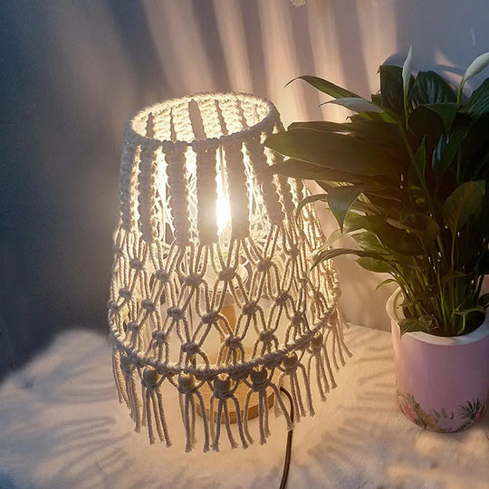 Yellow Handwoven Rope Table Lamp With Tassel Fringe - 1 Head Night Lighting