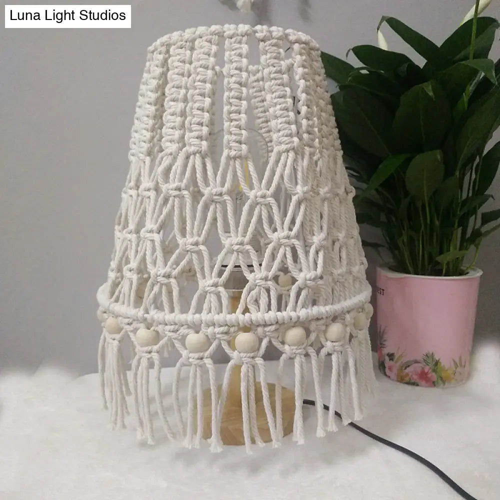 Yellow Handwoven Rope Table Lamp With Tassel Fringe - 1 Head Night Lighting